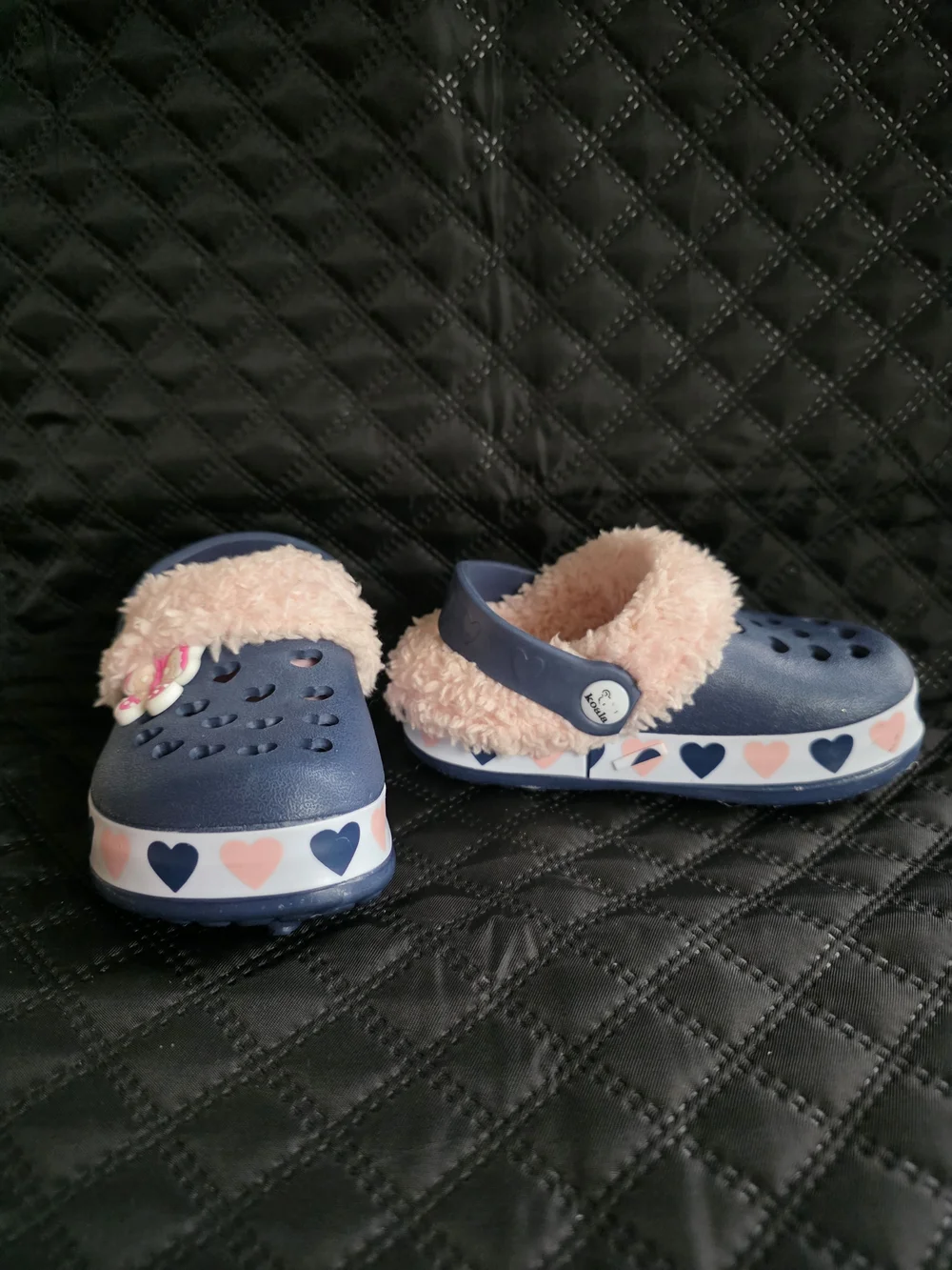 Koala Kids Navy Blue Clogs with Pink Fur and Heart Trim